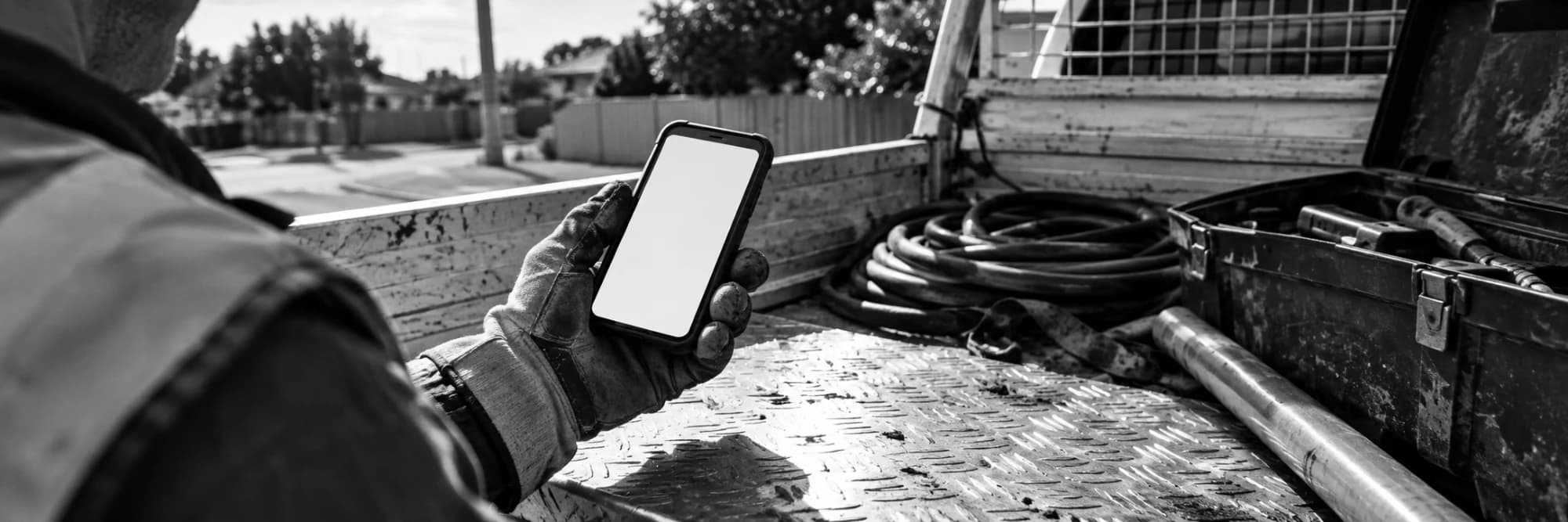 A gloved hand holding a phone on the open tray of a work ute.